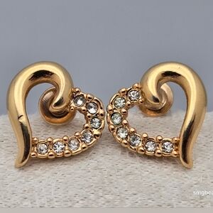 Heart-Shaped Stud Earrings Gold-Tone Clear Stones NWOT Dainty Cute Sparky Love